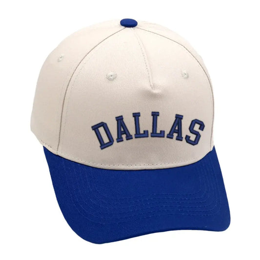 Dallas Hat in blue and cream, featuring premium 3D embroidery, adjustable fit for unisex style, perfect for casual wear.