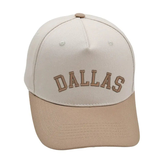 Dallas hat in khaki with premium 3D embroidery, adjustable buckle, one size fits all, unisex design.