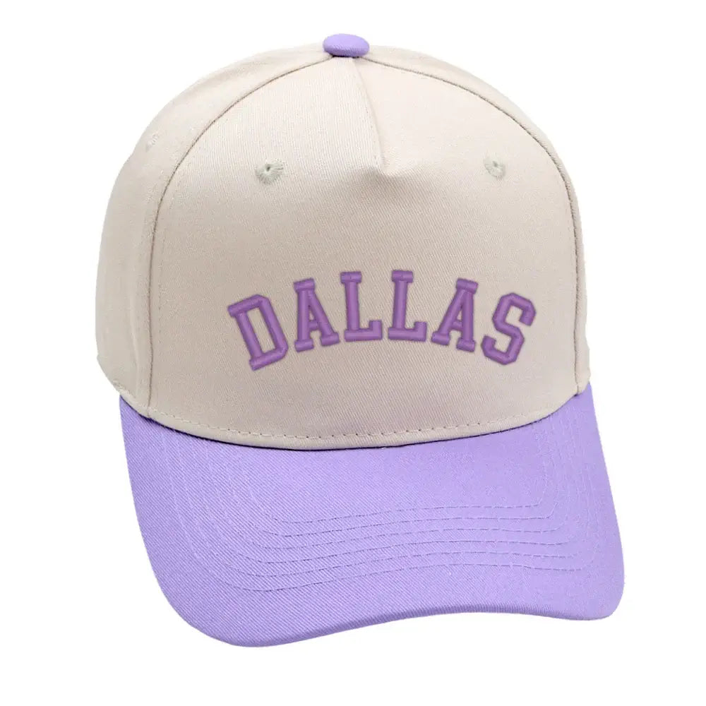 Dallas Hat in purple and beige with premium 3D embroidery, adjustable fit, unisex design, stylish comfort.