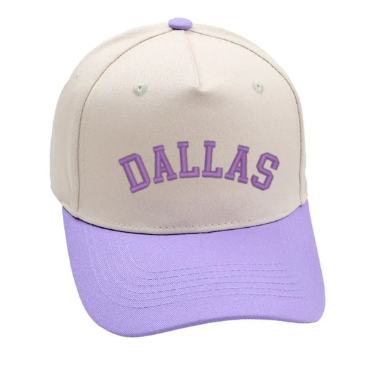 Dallas Hat in purple and beige with premium 3D embroidery, adjustable fit, unisex design, stylish comfort.