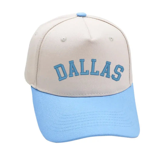 Dallas Hat in sky blue with premium 3D embroidery, adjustable buckle, unisex design, available in various styles.