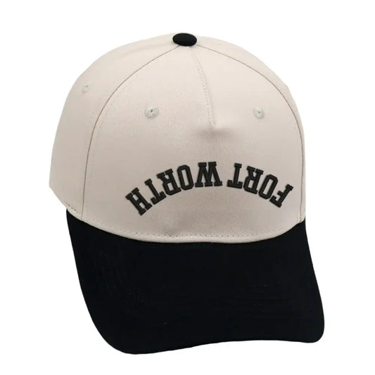 Fort Worth upside down hat in black and beige, unisex design with premium 3D embroidery and adjustable buckle.