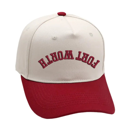 Fort Worth Upside Down Hat in burgundy, featuring premium 3D embroidery and adjustable buckle for a perfect fit.