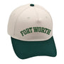 Fort Worth Hat in green and beige with 3D embroidery, adjustable buckle, one size fits all, unisex design.