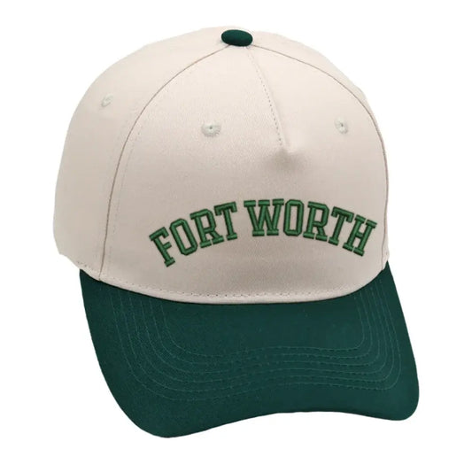 Fort Worth Hat in green and beige with 3D embroidery, adjustable buckle, one size fits all, unisex design.