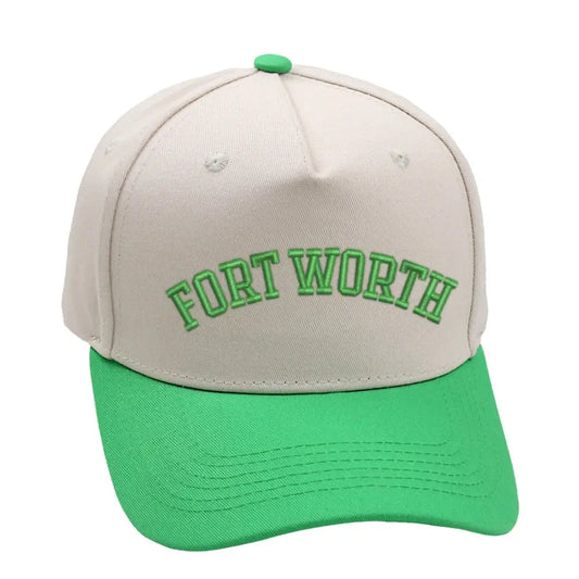 Light green Fort Worth hat with premium 3D embroidery and adjustable buckle for a perfect fit.