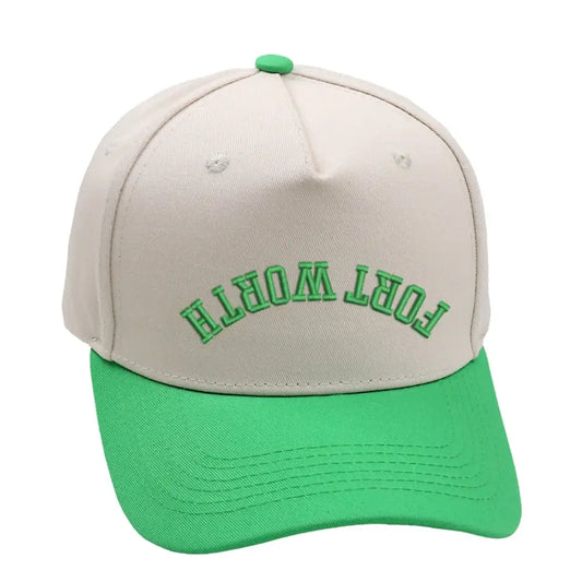 Light green Fort Worth upside down hat with premium 3D embroidery and adjustable buckle. Unisex design, one size fits all.