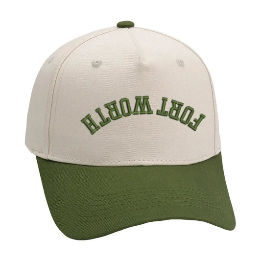 Fort Worth Upside Down Hat in olive color with premium 3D embroidery, adjustable fit for unisex wear.