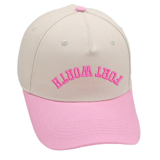 Fort Worth Upside Down Hat in pink with premium 3D embroidery and adjustable fit for unisex wear.