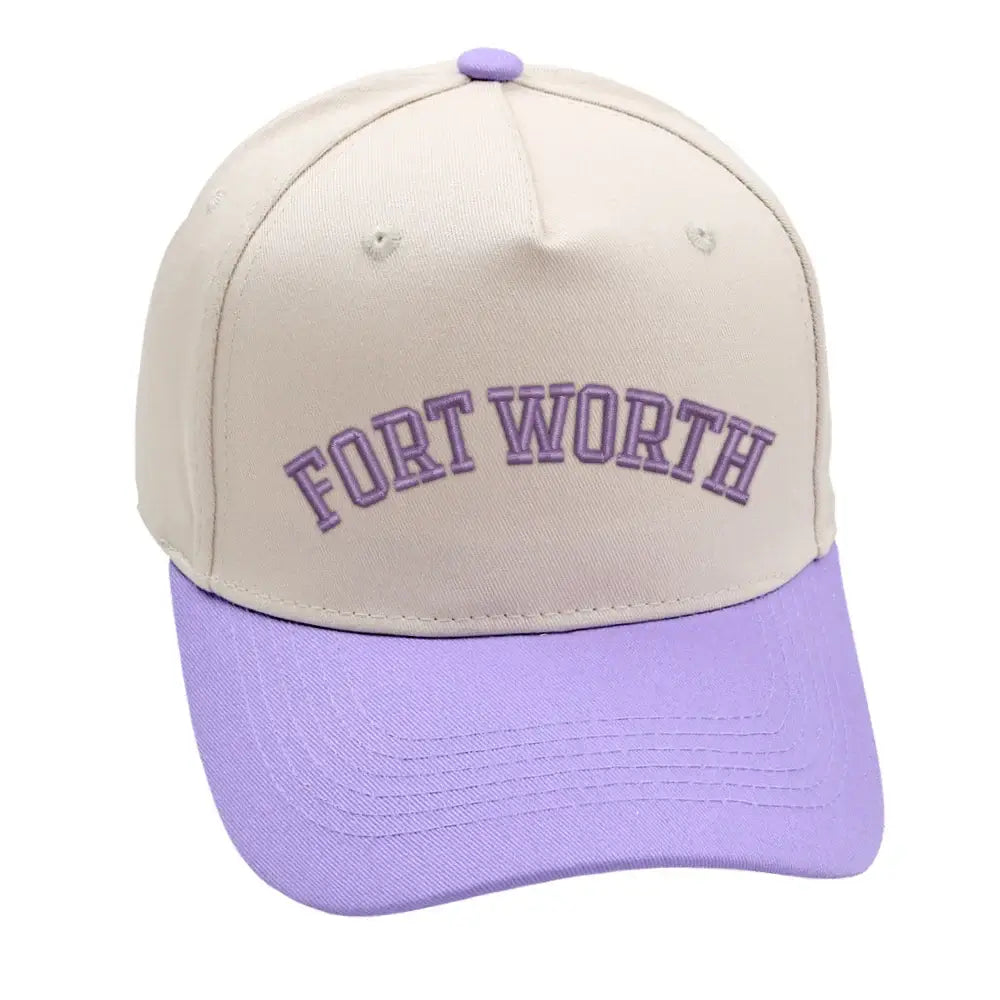 Fort Worth Hat in beige and purple, featuring premium 3D embroidery and adjustable buckle for a perfect fit.