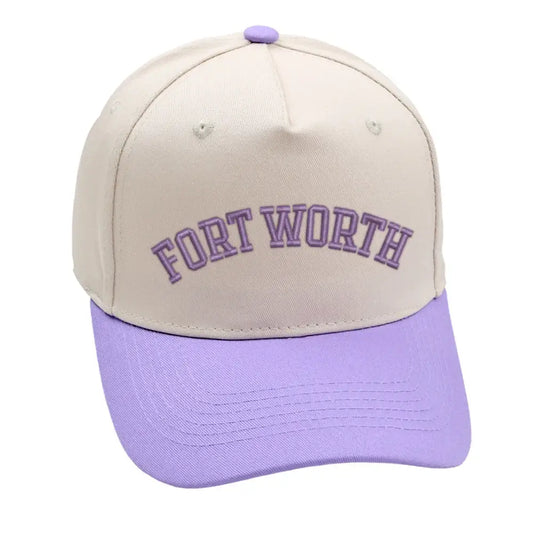 Fort Worth Hat in beige and purple, featuring premium 3D embroidery and adjustable buckle for a perfect fit.