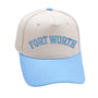 Sky blue Fort Worth hat with premium 3D embroidery, adjustable buckle, unisex design, perfect for comfort and style.