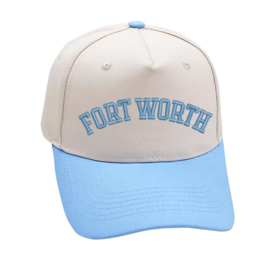 Sky blue Fort Worth hat with premium 3D embroidery, adjustable buckle, unisex design, perfect for comfort and style.