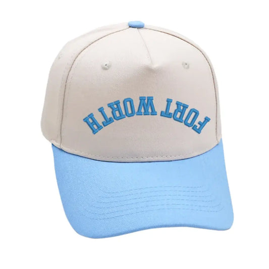 Fort Worth Upside Down Hat in sky blue with premium 3D embroidery, adjustable buckle, unisex design.