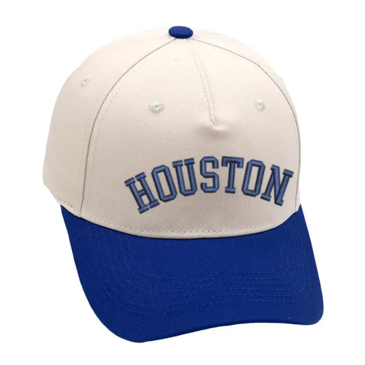 Houston Hat in blue with 3D embroidery, adjustable buckle, and unisex design, perfect for all Texas fans.
