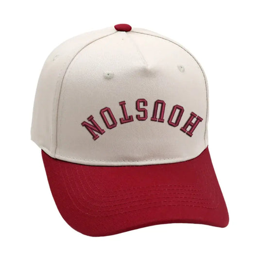 Burgundy Houston Upside Down Hat with premium 3D embroidery and adjustable buckle for a perfect fit.