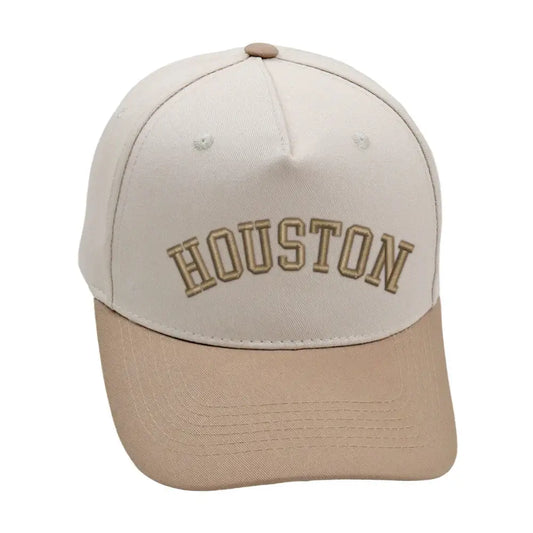 Houston khaki hat with premium 3D embroidery and adjustable buckle for a comfortable fit.