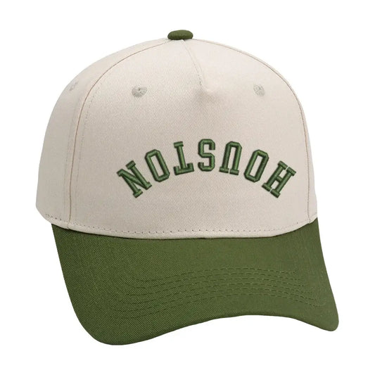 Houston Upside Down Hat in olive green with premium 3D embroidery, adjustable fit, unisex design, one size fits all.