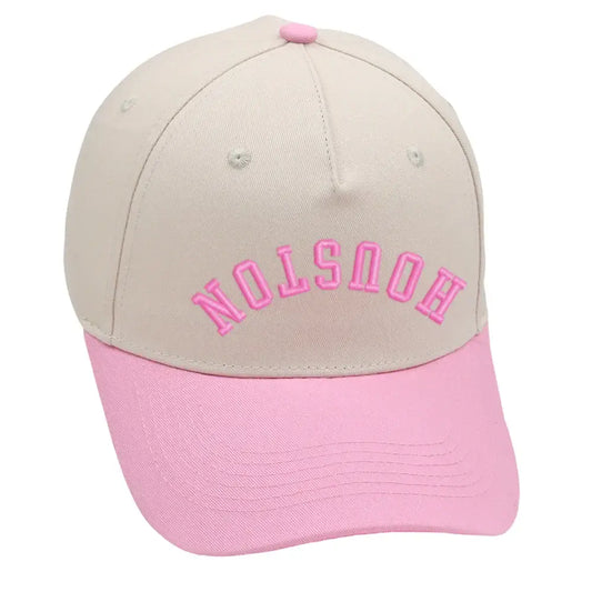 Houston Upside Down Hat in pink with premium 3D embroidery, adjustable buckle design, unisex style.
