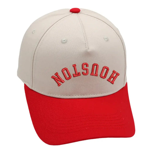 Houston Upside Down Hat in red with premium 3D embroidery, adjustable fit, unisex design, one size fits all.