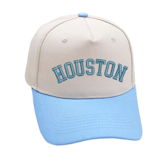 Sky blue Houston hat with premium 3D embroidery, adjustable buckle, unisex design, perfect for lasting comfort.