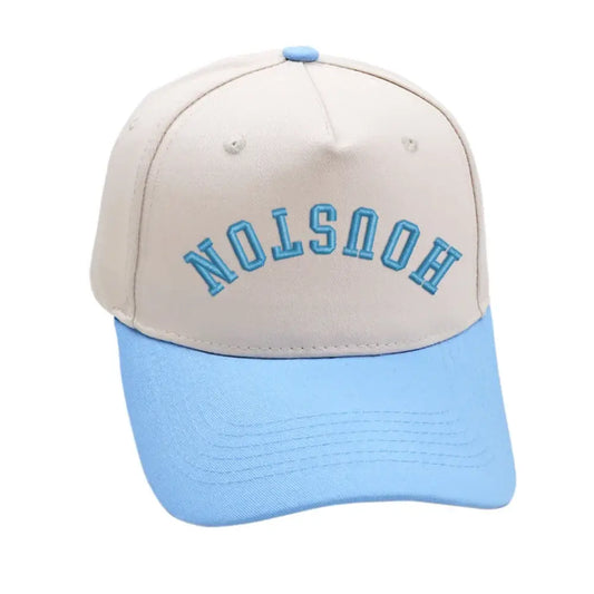 Houston upside down hat in sky blue with 3D embroidery and adjustable buckle, perfect for unisex style.
