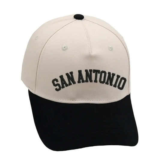 San Antonio black and beige cap with premium 3D embroidery, one size fits all, adjustable buckle for comfort.