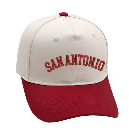 San Antonio hat in burgundy and cream with premium 3D embroidery and adjustable buckle for a perfect fit.