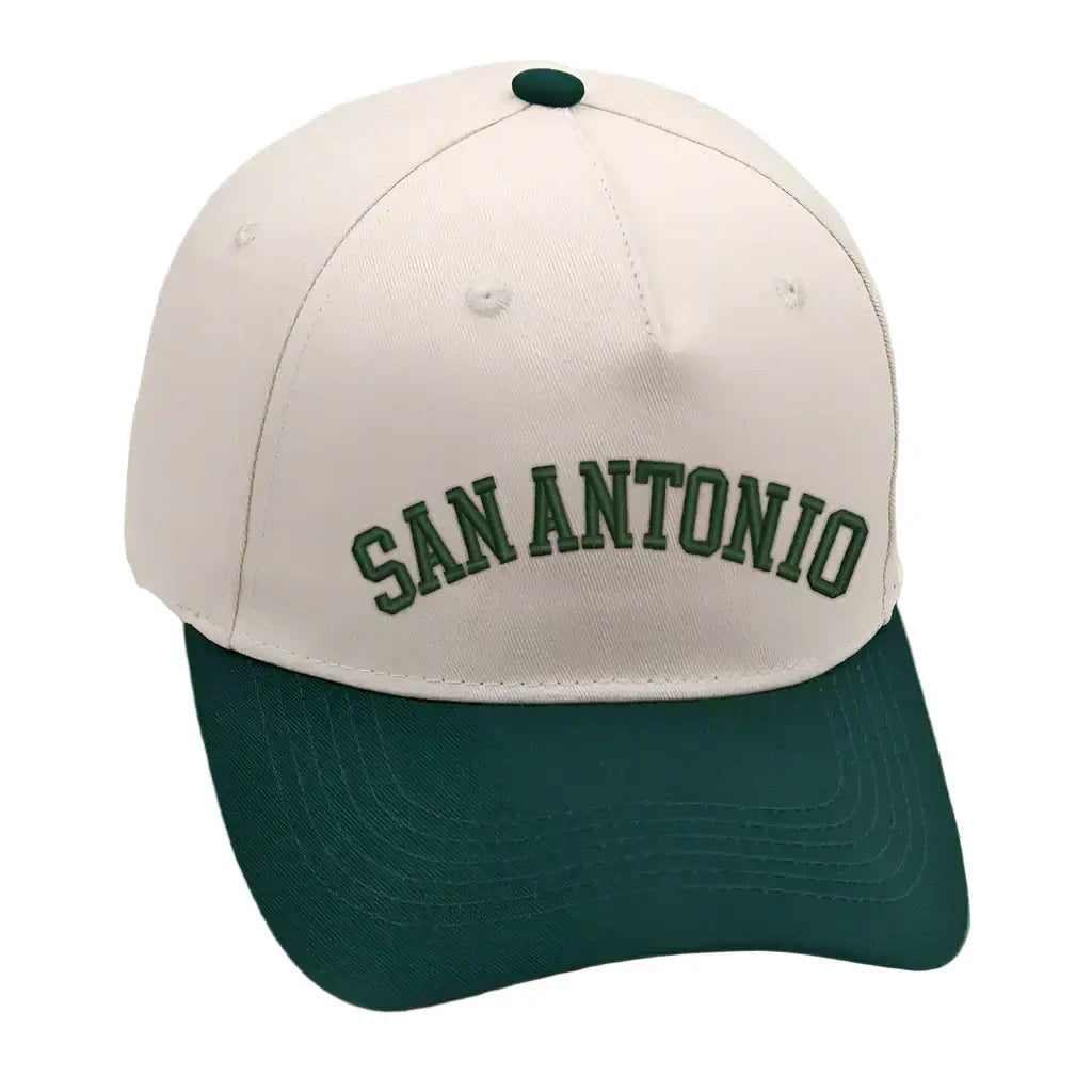 San Antonio hat in green with premium 3D embroidery, adjustable buckle for a perfect fit, unisex design.