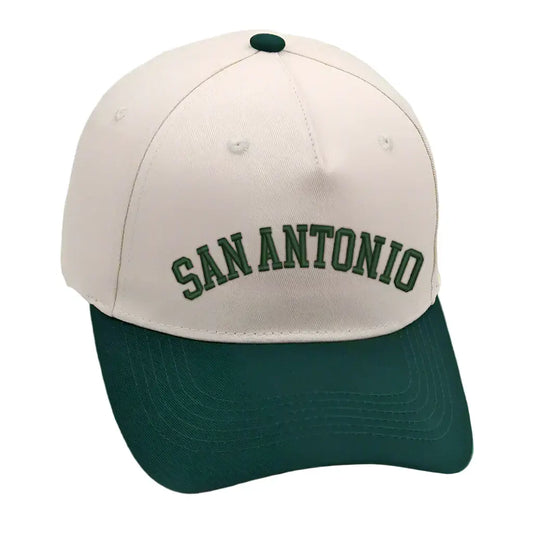 San Antonio hat in green with premium 3D embroidery, adjustable buckle for a perfect fit, unisex design.