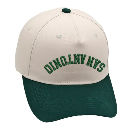 San Antonio Upside Down Hat in green and beige with 3D embroidery and adjustable buckle, unisex design.