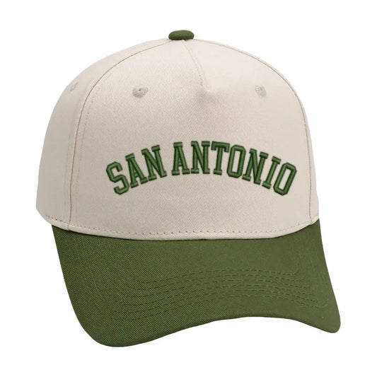 San Antonio hat in olive green with premium 3D embroidery, unisex one size fits all, adjustable buckle for comfort.