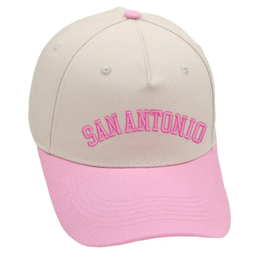 San Antonio hat in pink and beige, unisex design, with premium 3D embroidery and adjustable buckle for comfort.