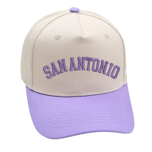 San Antonio hat in purple, unisex design with 3D embroidery and adjustable fit, perfect for any occasion.