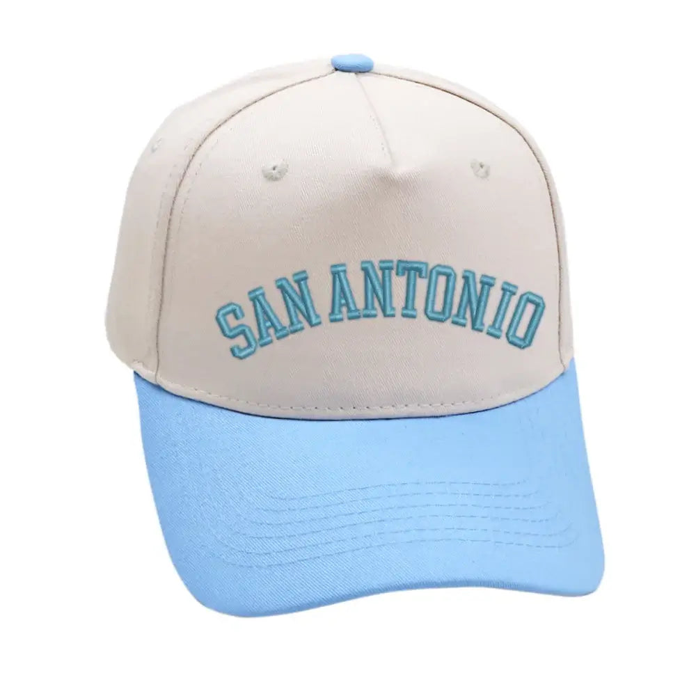 San Antonio Hat in Sky Blue with premium 3D embroidery, adjustable buckle, unisex design for all sizes.