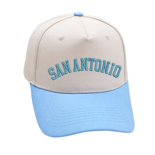 San Antonio Hat in Sky Blue with premium 3D embroidery, adjustable buckle, unisex design for all sizes.