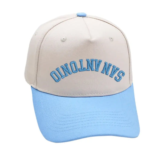 San Antonio upside down hat in sky blue with premium 3D embroidery, adjustable buckle, unisex design.