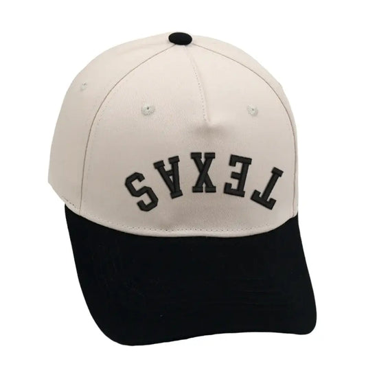 Texas Upside Down Hat in Black and Cream with premium 3D embroidery, adjustable fit, unisex design.