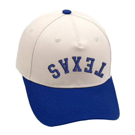 Texas Upside Down Hat in blue with 3D embroidery, adjustable, unisex design, perfect for Texas pride.