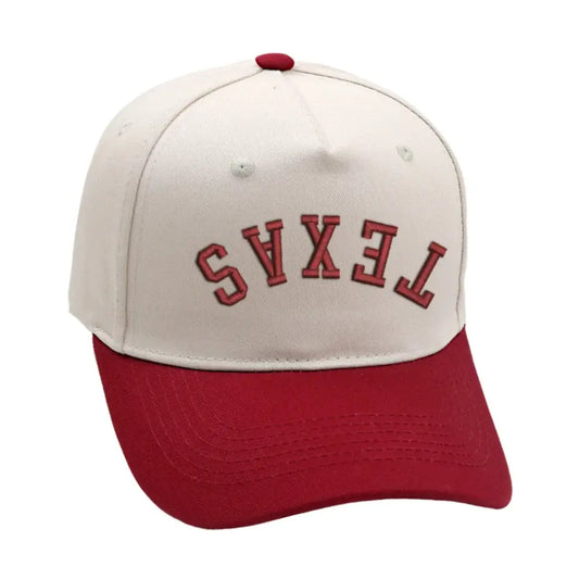 Texas Upside Down Hat in Burgundy with 3D embroidery, adjustable buckle, unisex design, and high-quality materials.
