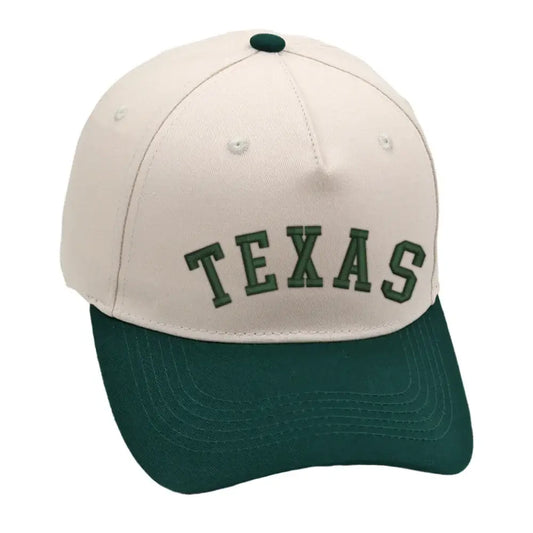 Texas hat in green and beige with premium 3D embroidery. Unisex design, adjustable buckle for a perfect fit.