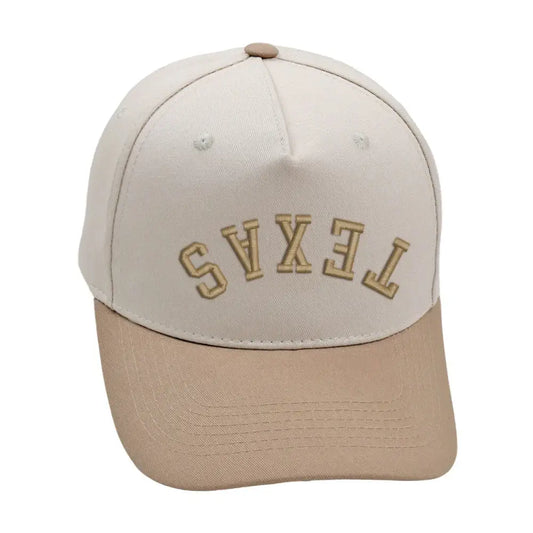 Texas Upside Down Hat in khaki with 3D embroidery, adjustable fit, unisex design, suitable for all Texas cities.