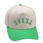 Texas Upside Down Hat in light green with 3D embroidery, adjustable buckle, unisex design, available in multiple Texas city styles.