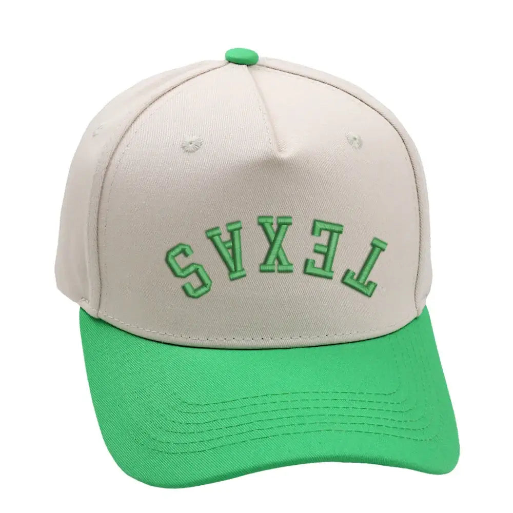 Texas Upside Down Hat in light green with 3D embroidery, adjustable buckle, unisex design, available in multiple Texas city styles.