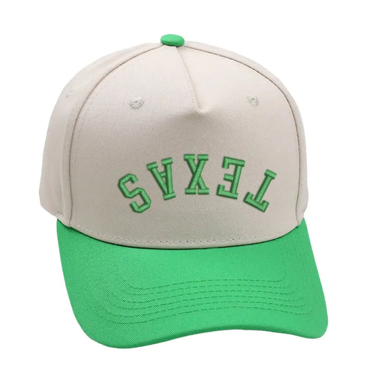 Texas Upside Down Hat in light green with 3D embroidery, adjustable buckle, unisex design, available in multiple Texas city styles.
