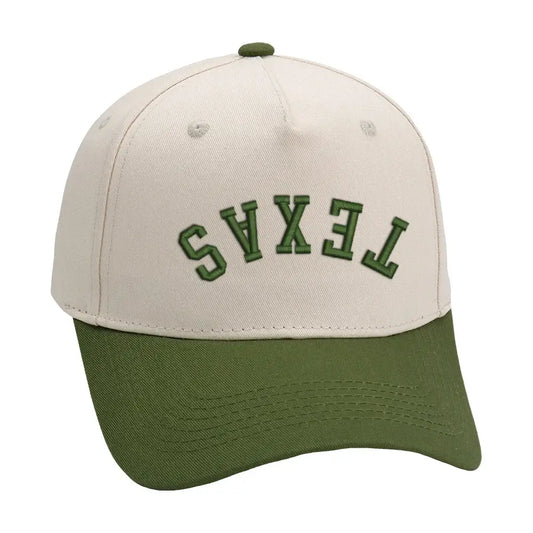 Texas Upside Down Hat in Olive with premium 3D embroidery, adjustable buckle, unisex design.