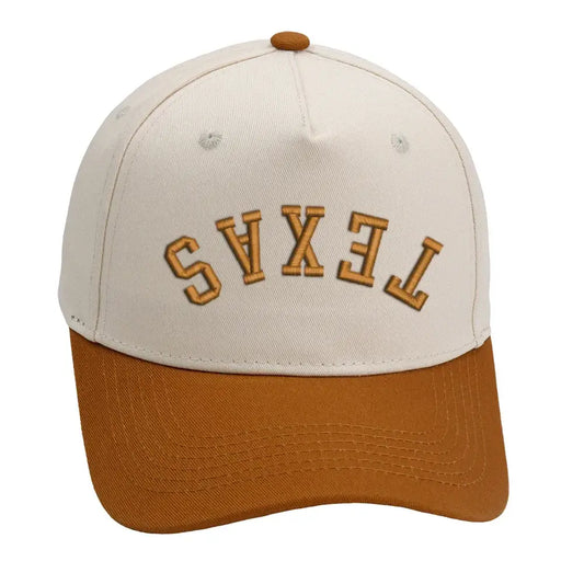 Texas upside down hat in orange with premium 3D embroidery, adjustable for unisex fit, perfect for Texas fans.