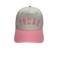 Texas pink hat with premium 3D embroidery, adjustable fit, unisex design for lasting comfort and style.