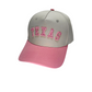 Pink Texas hat with 3D embroidery, adjustable buckle, unisex design, available in classic or upside-down styles.