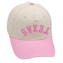 Texas upside down hat in pink with 3D embroidery, adjustable fit, perfect for all Texas fans.